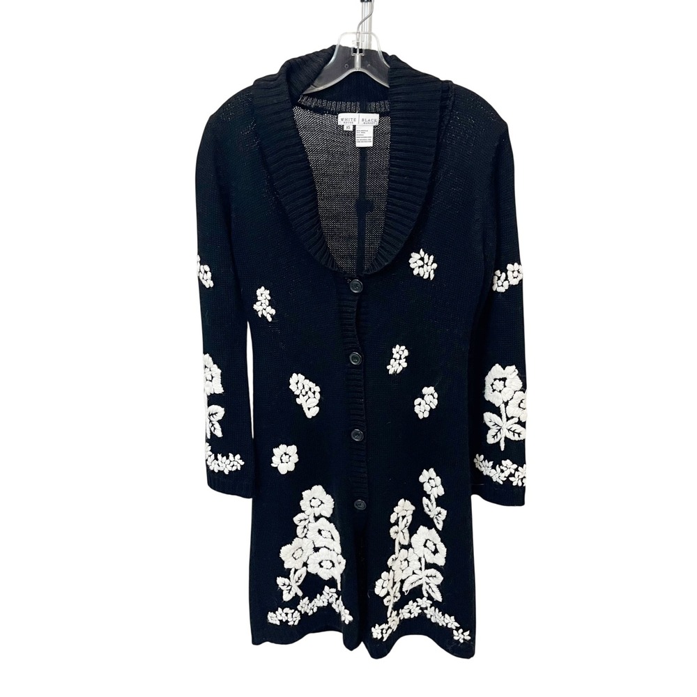 White House Black Market Floral Embroidered Long Cardigan Black Wool Blend XS